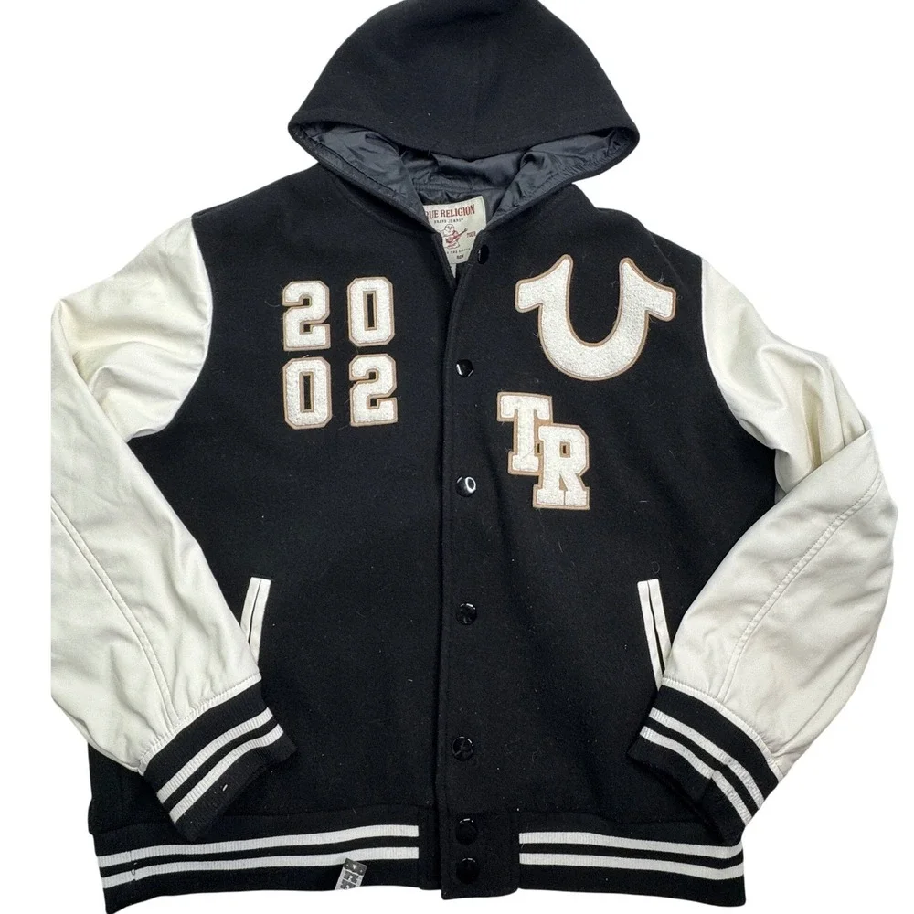 True Religion Hooded Varsity Jacket Black White Chenille Patch XL 51086-00
